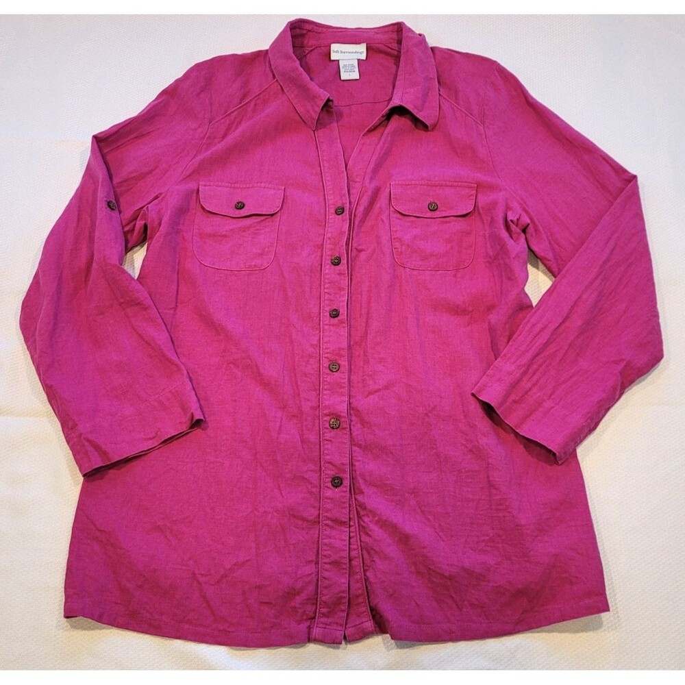 Soft Surroundings Size L Linen Blend Top Button Down Blouse Pink Fuscia Pockets